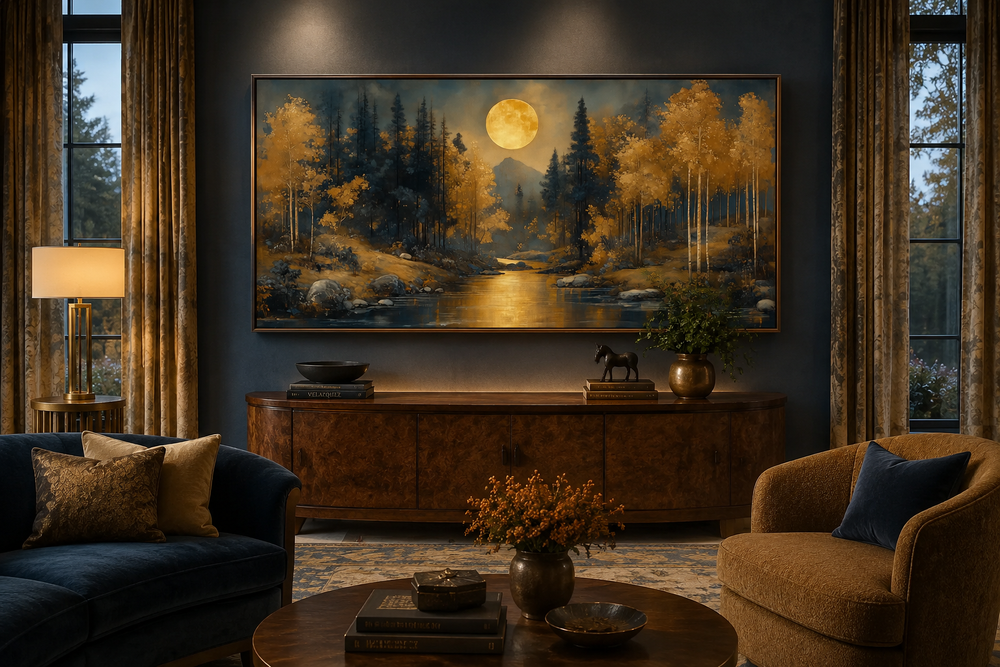 Framed canvas wall art of a moonlit forest with golden trees and a river in an Art Nouveau style.