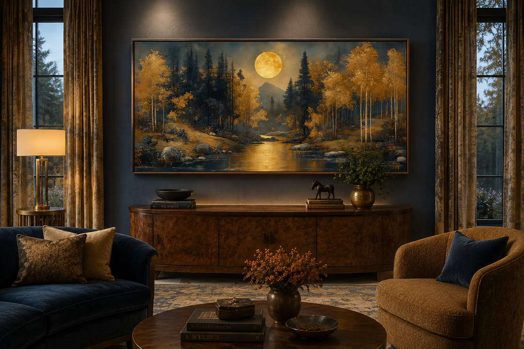 Framed canvas wall art of a moonlit forest with golden trees and a river in an Art Nouveau style.