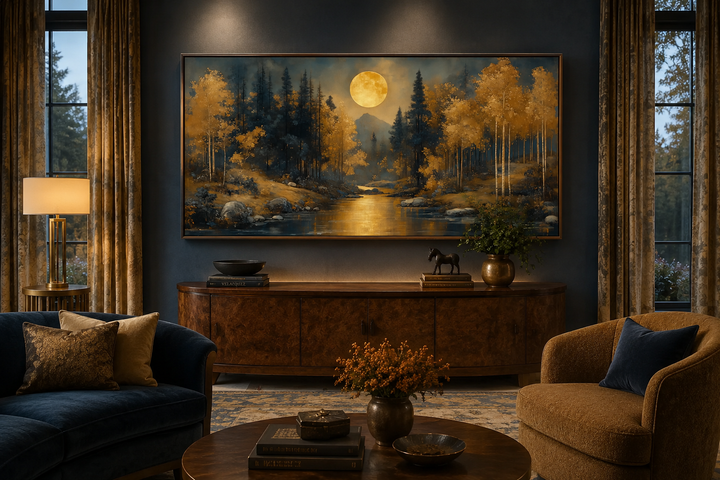 Framed canvas wall art of a moonlit forest with golden trees and a river in an Art Nouveau style.