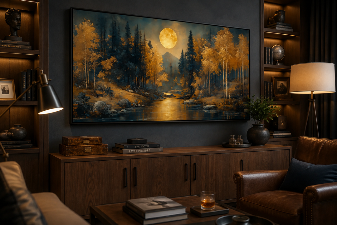 Framed canvas wall art of a moonlit forest with gold trees and a river in an art nouveau style.