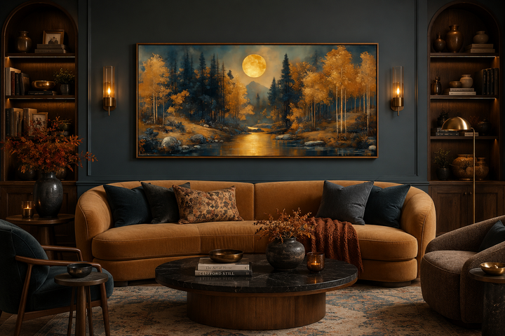 Art Nouveau framed canvas of a golden forest and moon landscape above a modern ochre sofa.