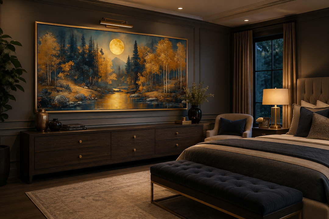 Framed canvas wall art of a moonlit forest with gold trees and a river above a dark wood dresser.