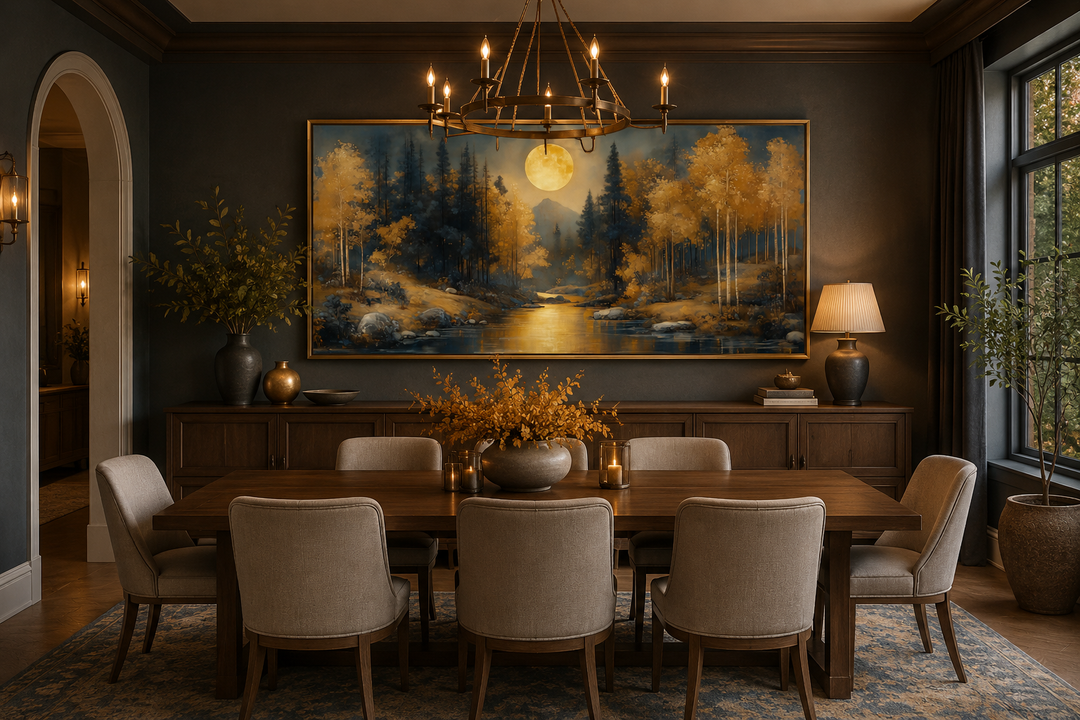 Black gold Art Nouveau forest and moon landscape framed canvas wall art in a dining room.