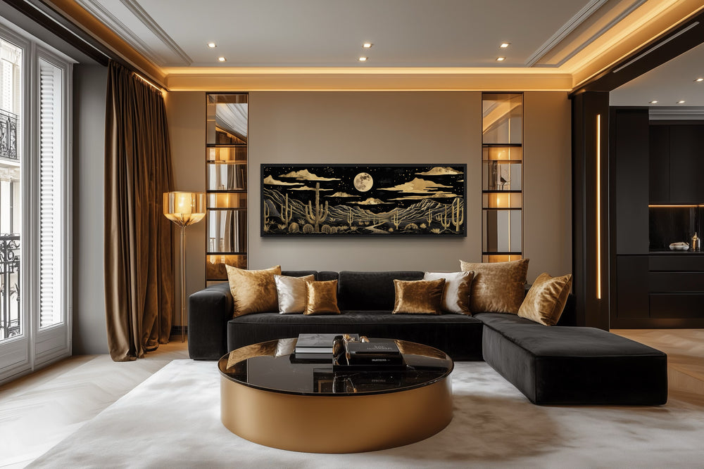 Black Gold Desert Long Horizontal Framed Canvas Wall Art