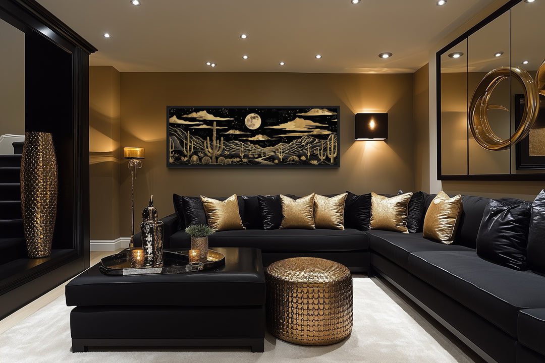 Black Gold Desert Long Horizontal Framed Canvas Wall Art