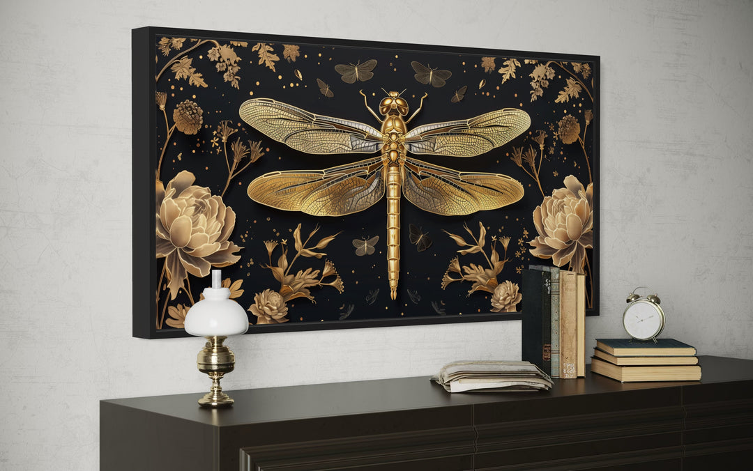 Black Gold Dragonfly Art – Elegant Framed Canvas Print With Floral Design