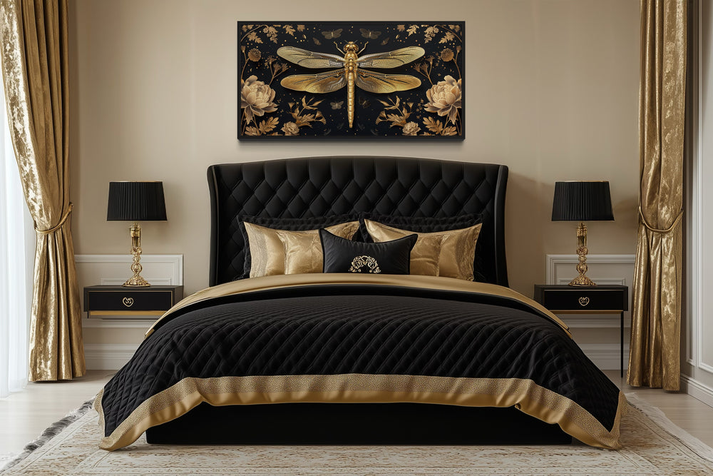 Black Gold Dragonfly Art – Elegant Framed Canvas Print With Floral Design