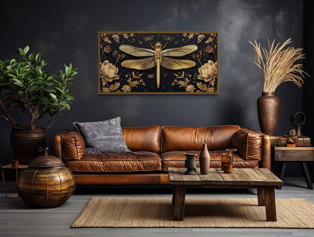 Black Gold Dragonfly Art – Elegant Framed Canvas Print With Floral Design