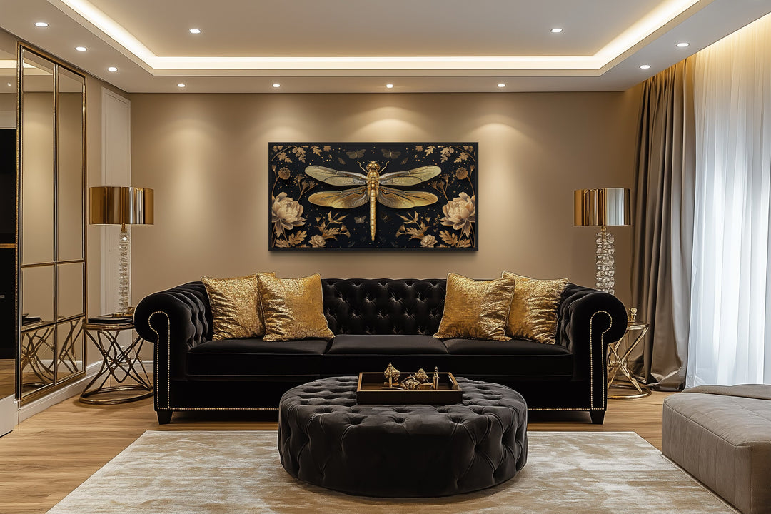 Black Gold Dragonfly Art – Elegant Framed Canvas Print With Floral Design