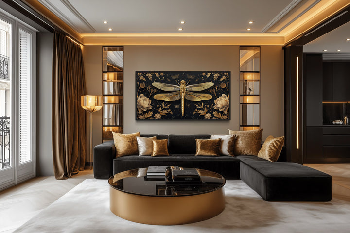 Black Gold Dragonfly Art – Elegant Framed Canvas Print With Floral Design