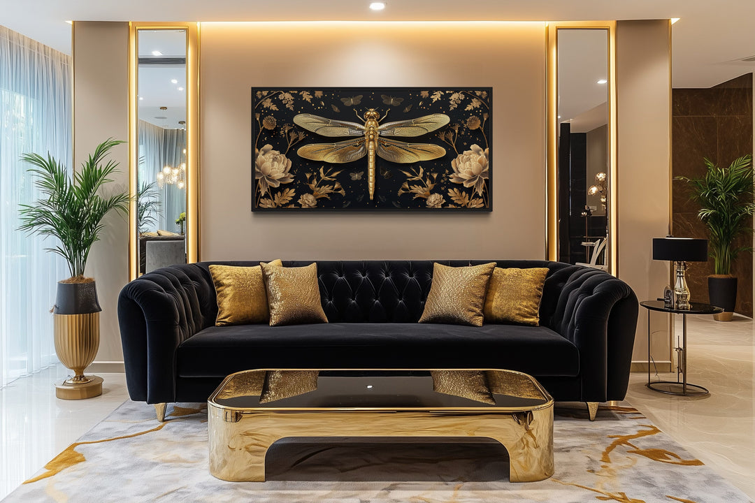 Black Gold Dragonfly Art – Elegant Framed Canvas Print With Floral Design