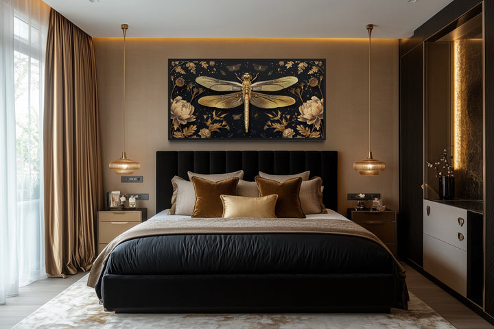 Black Gold Dragonfly Art – Elegant Framed Canvas Print With Floral Design