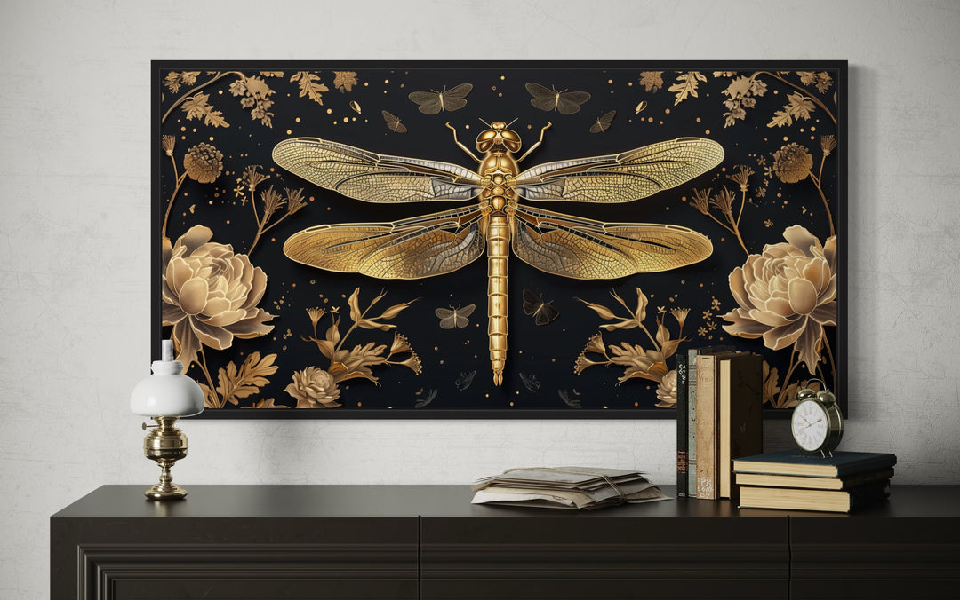 Black Gold Dragonfly Art – Elegant Framed Canvas Print With Floral Design