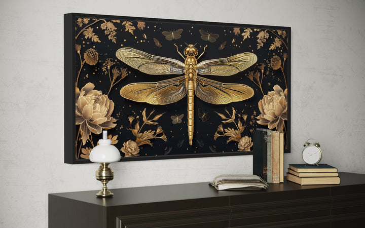 Black Gold Dragonfly With Flowers Framed Canvas Wall Art