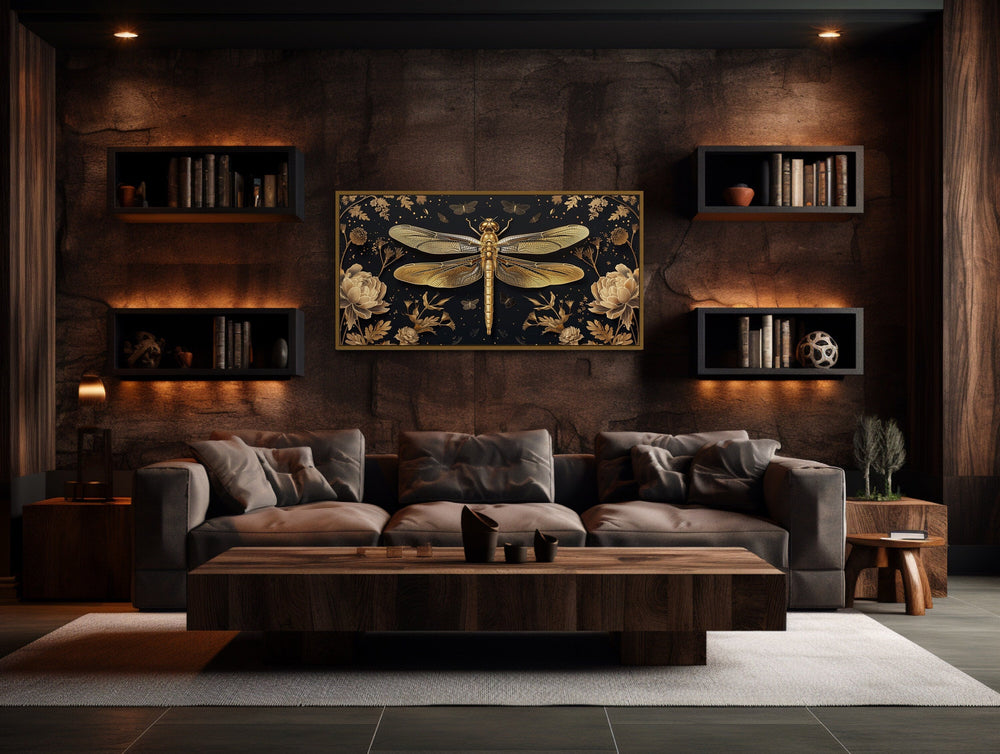 Black Gold Dragonfly With Flowers Framed Canvas Wall Art in man cave