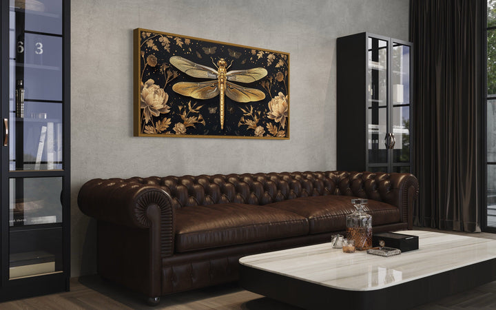 Black Gold Dragonfly With Flowers Framed Canvas Wall Art