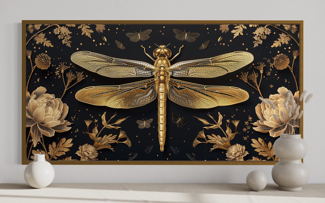 Black Gold Dragonfly With Flowers Framed Canvas Wall Art