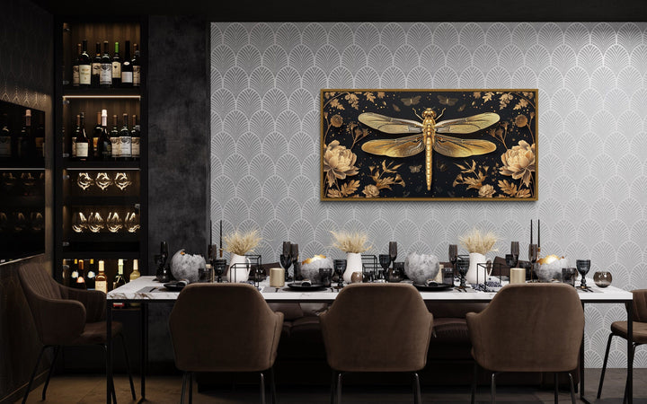 Black Gold Dragonfly With Flowers Framed Canvas Wall Art