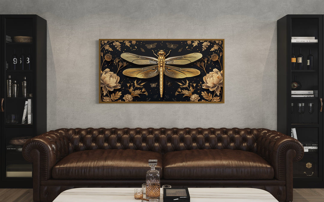 Black Gold Dragonfly With Flowers Framed Canvas Wall Art