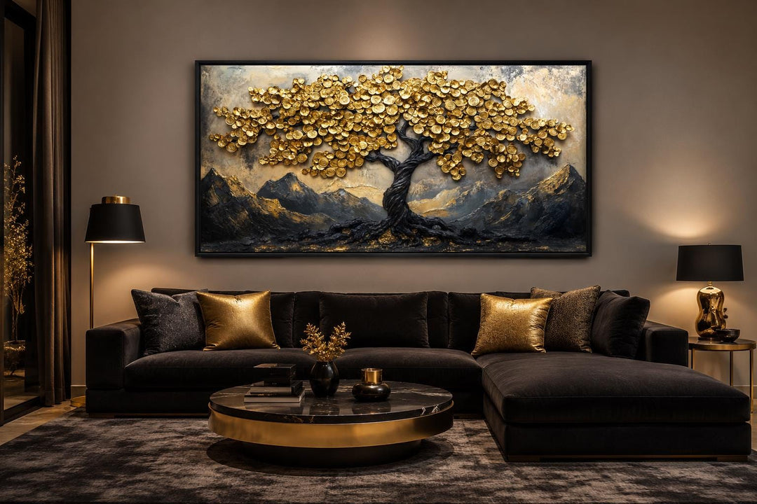 Black Gold Feng Shui Money Tree framed canvas wall art above a dark sofa in a modern living room.