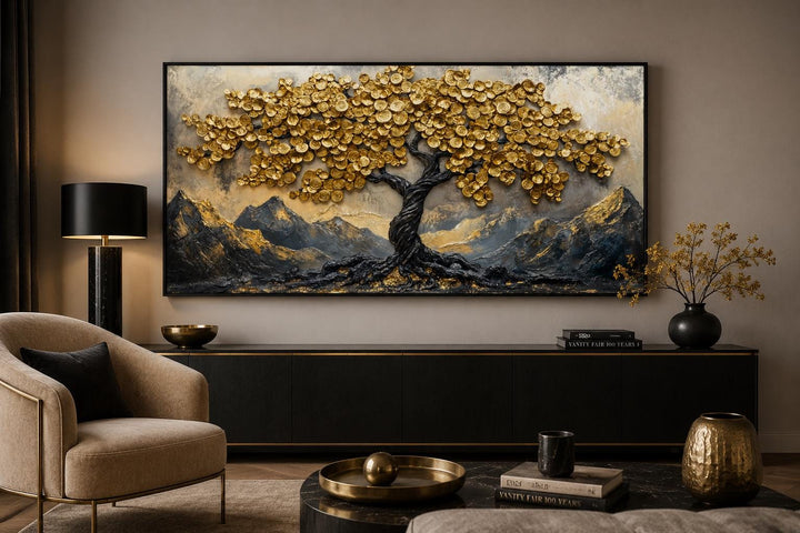 Black gold Feng Shui money tree framed canvas wall art with gold coin leaves over a living room console.