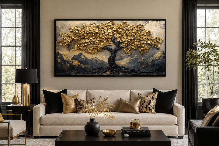 Black Gold Feng Shui Money Tree framed canvas wall art above a sofa in a modern living room.