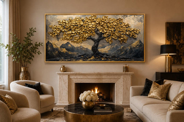 Black Gold Feng Shui Money Tree framed canvas wall art with gold coin leaves above a fireplace.