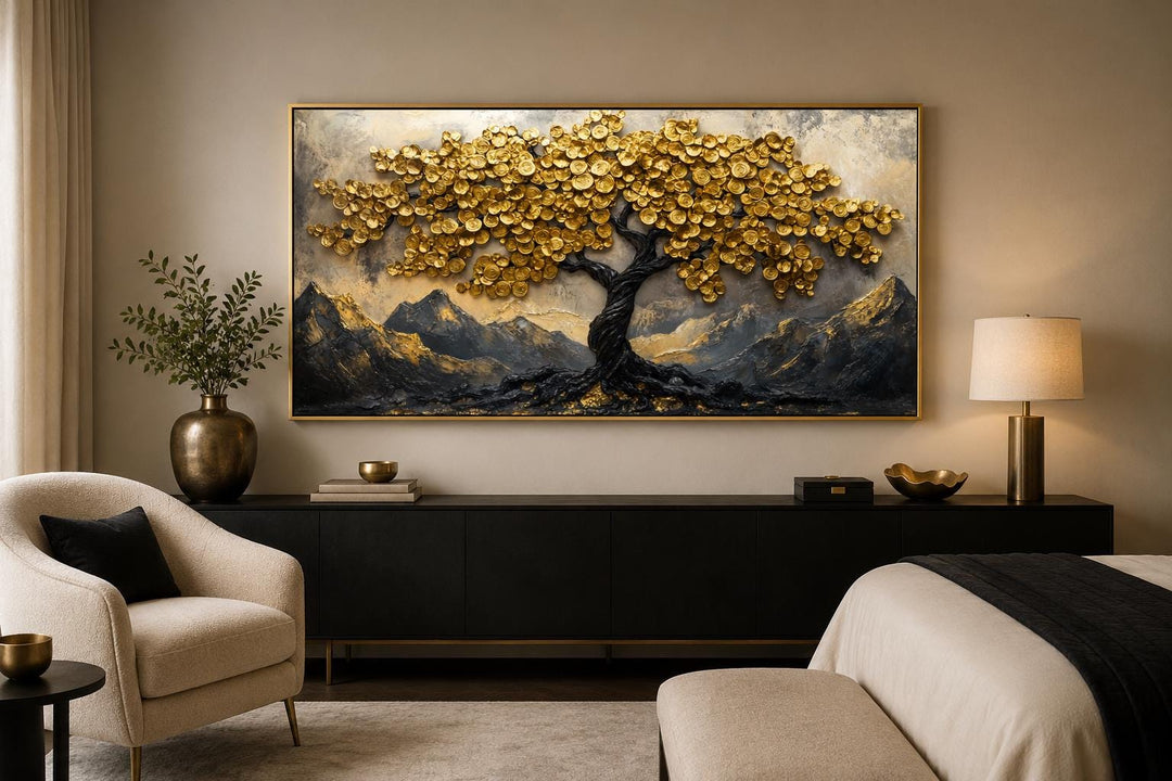 Black gold Feng Shui money tree framed canvas wall art with gold coin leaves over a bedroom console.