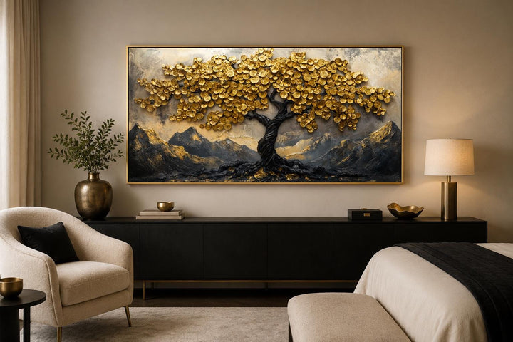 Black gold Feng Shui money tree framed canvas wall art with gold coin leaves over a bedroom console.