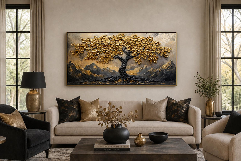 Black and gold Feng Shui money tree framed canvas wall art above a sofa in a modern living room.