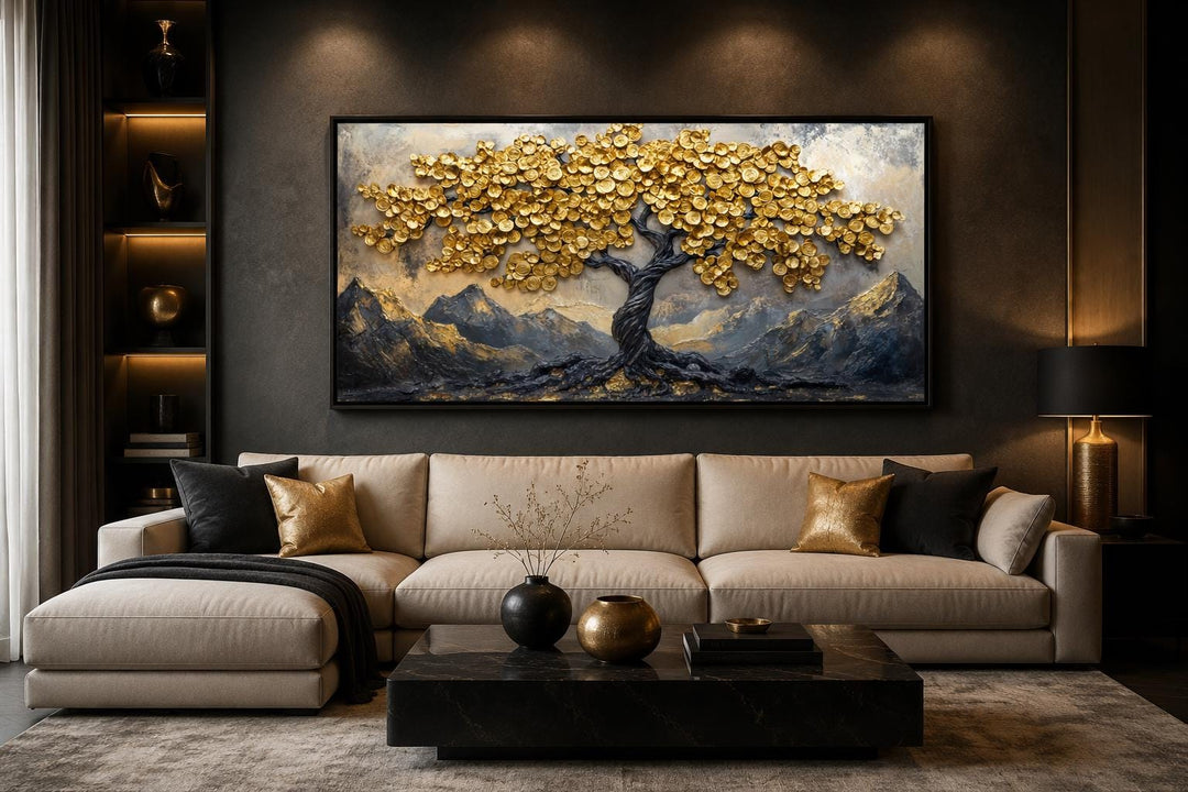 Black Gold Feng Shui Money Tree with gold coin leaves framed canvas wall art above a sofa.