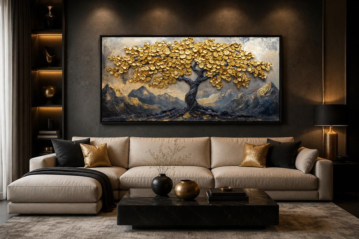 Black Gold Feng Shui Money Tree with gold coin leaves framed canvas wall art above a sofa.