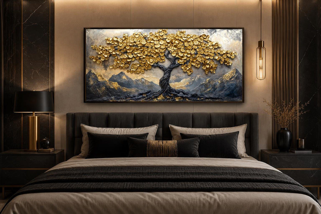 Black Gold Feng Shui Money Tree framed canvas wall art with gold coin leaves above a bed.