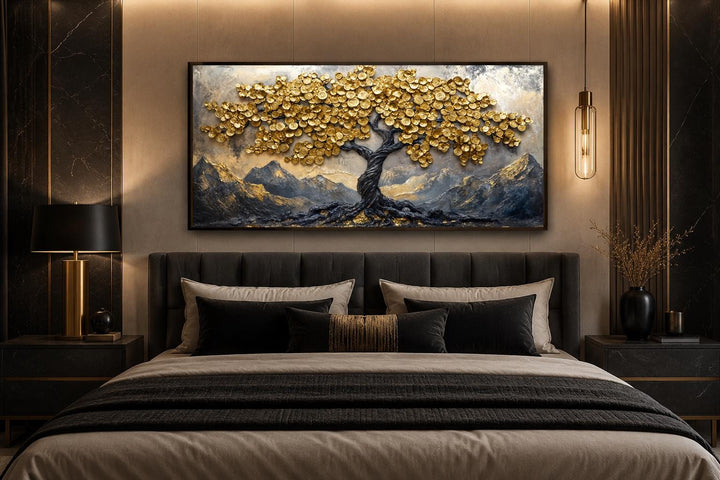 Black Gold Feng Shui Money Tree framed canvas wall art with gold coin leaves above a bed.