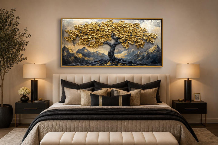 Black gold Feng Shui money tree framed canvas wall art with gold coin leaves above a bed.