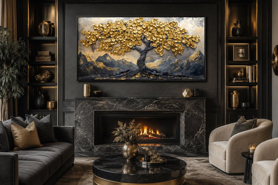 Black Gold Feng Shui Money Tree framed canvas wall art with gold coin leaves above a fireplace.