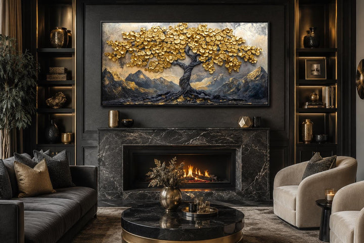 Black Gold Feng Shui Money Tree framed canvas wall art with gold coin leaves above a fireplace.