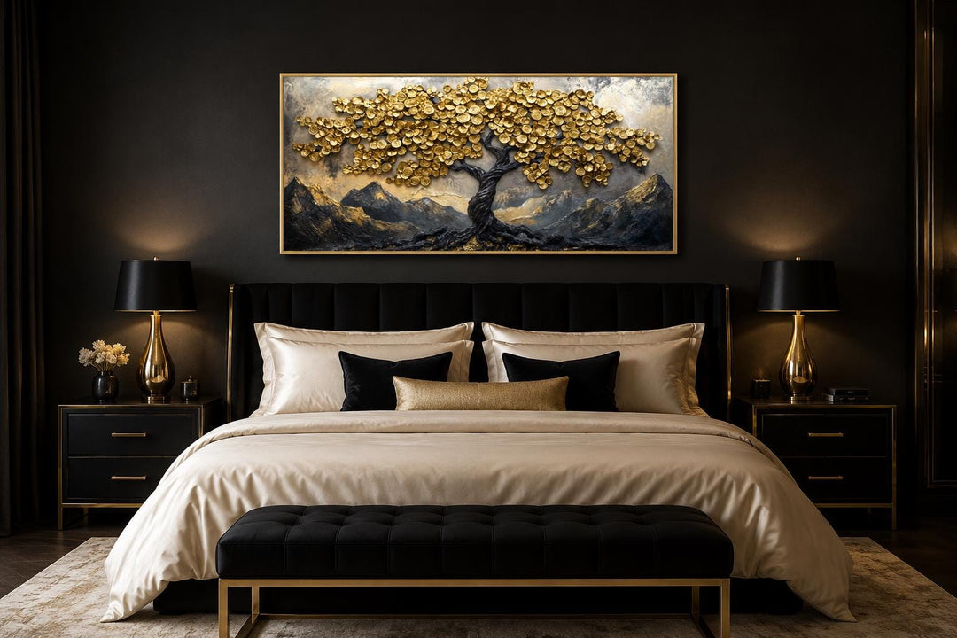 Black Gold Feng Shui Money Tree framed canvas wall art hanging above a bed in a dark bedroom.