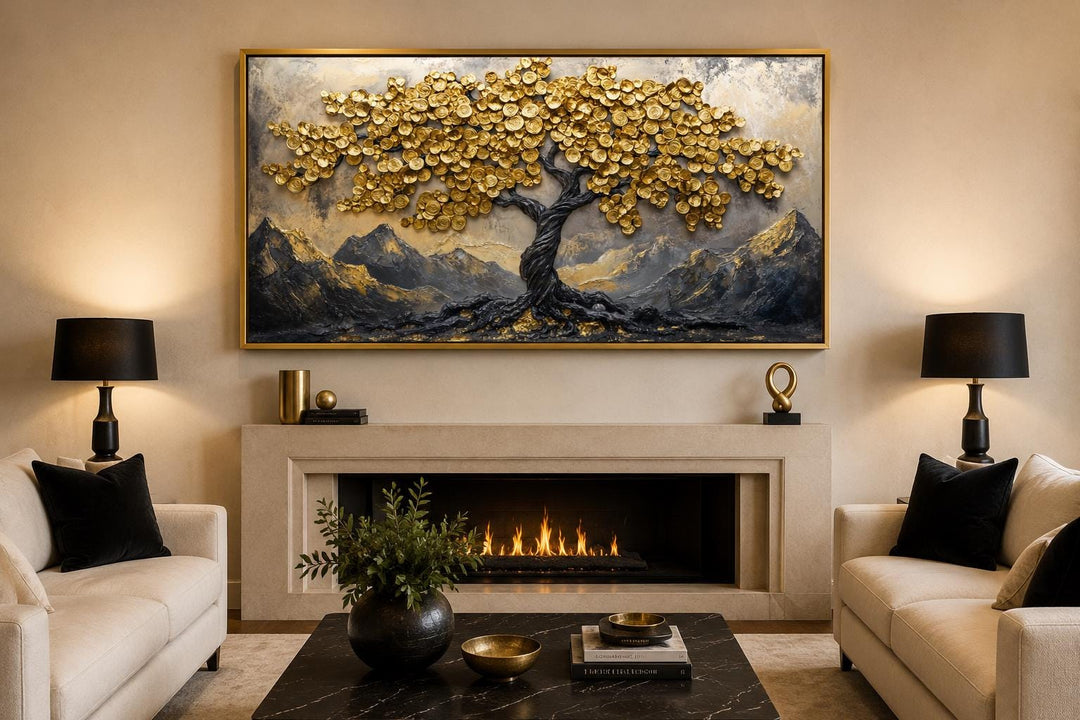 Framed canvas wall art of a black money tree with gold coin leaves over a fireplace in a living room