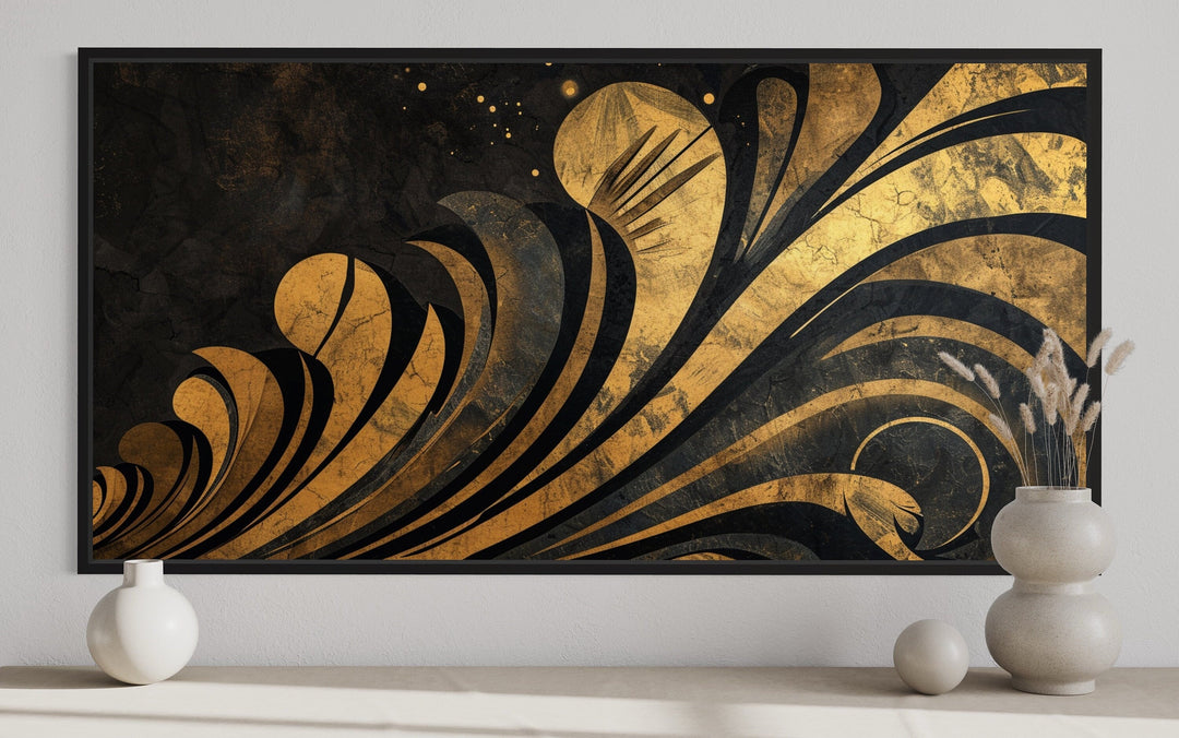 Black Gold Floral Art Nouveau Framed Canvas Wall Art