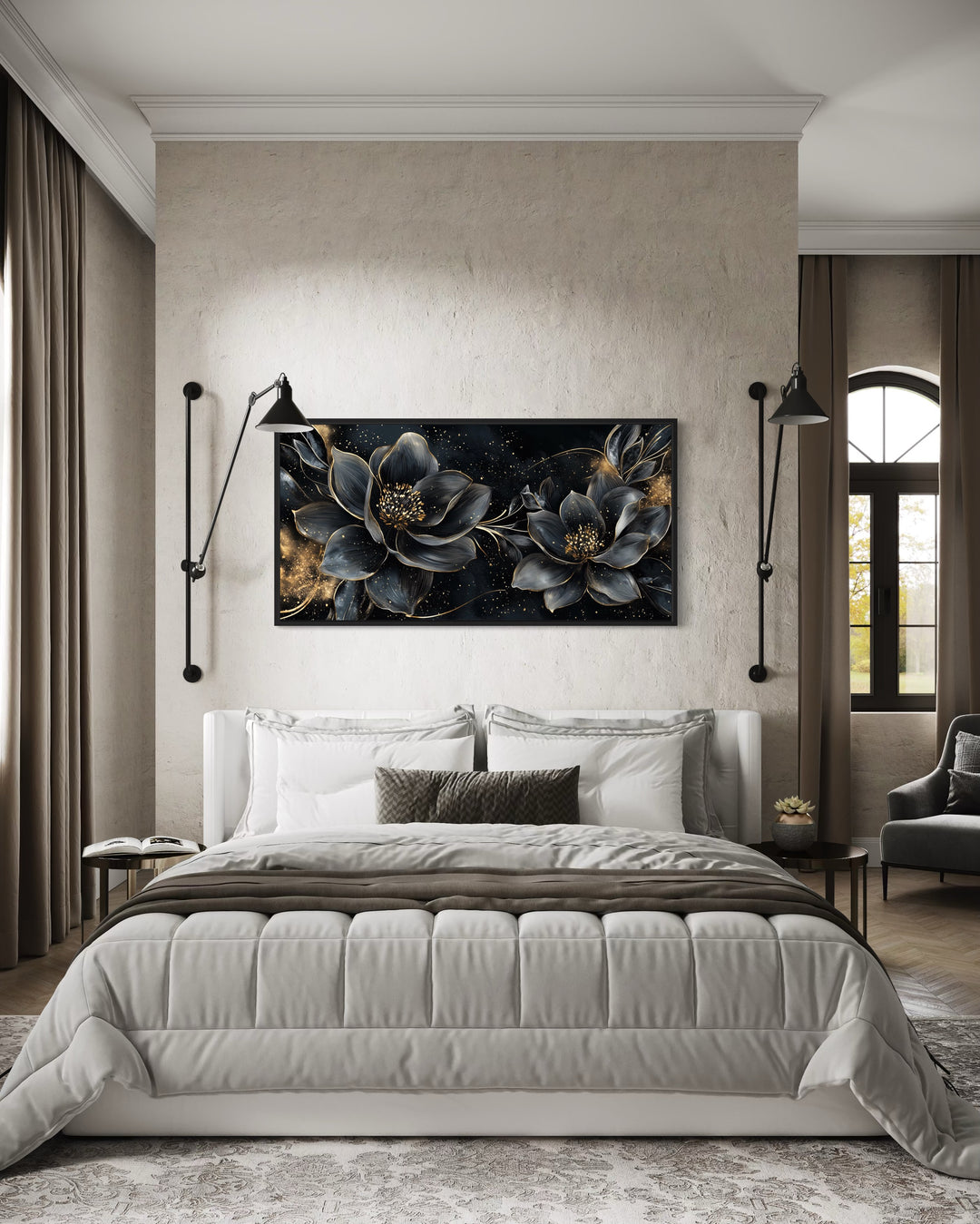 Black Gold Floral Art Nouveau Framed Canvas Wall Art