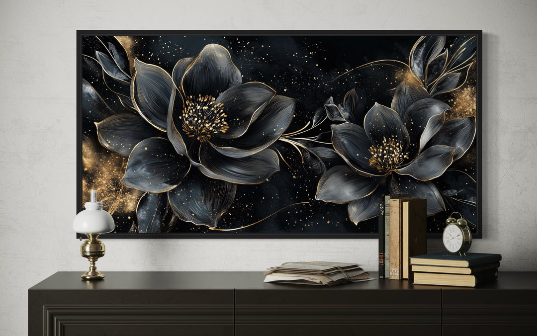 Black Gold Floral Art Nouveau Framed Canvas Wall Art