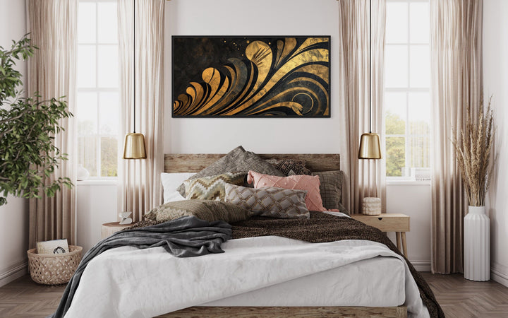 Black Gold Floral Art Nouveau Framed Canvas Wall Art