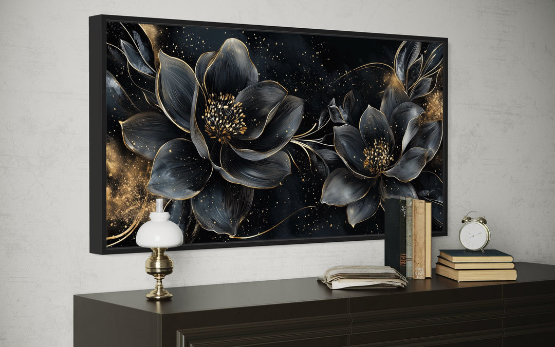 Black Gold Floral Art Nouveau Framed Canvas Wall Art