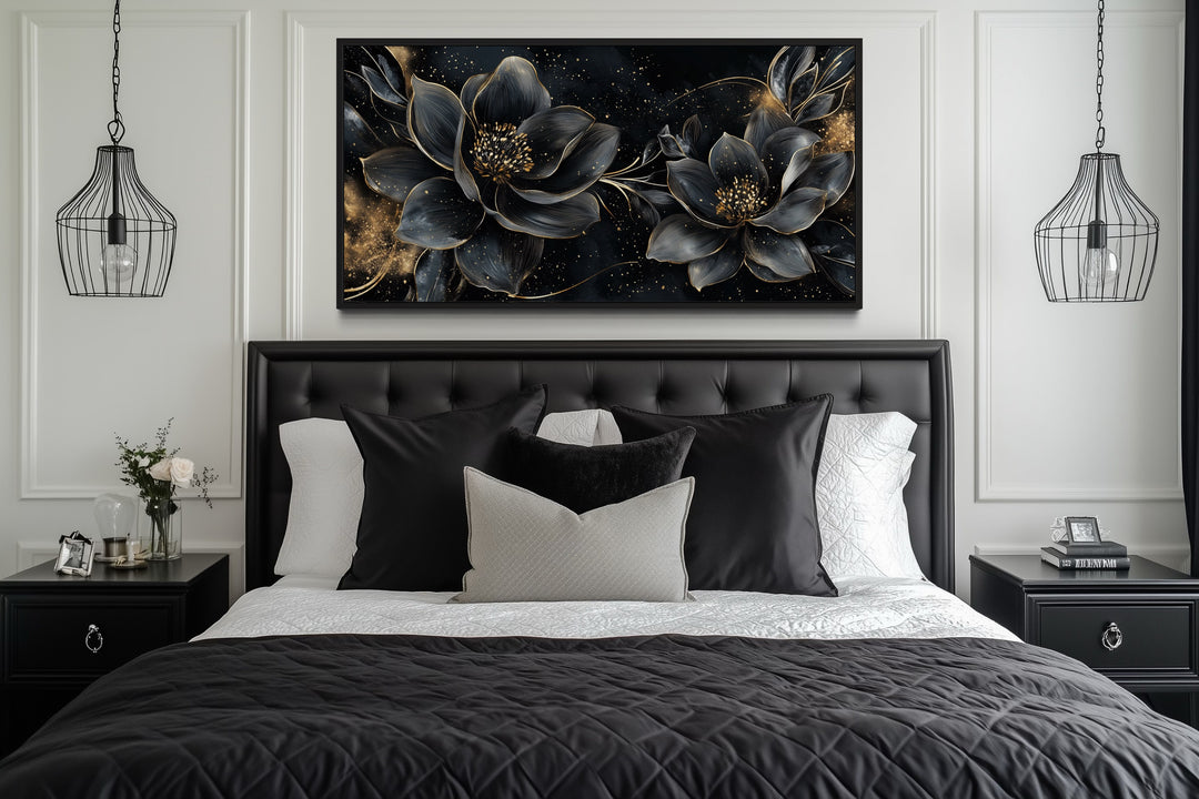 Black Gold Floral Art Nouveau Framed Canvas Wall Art