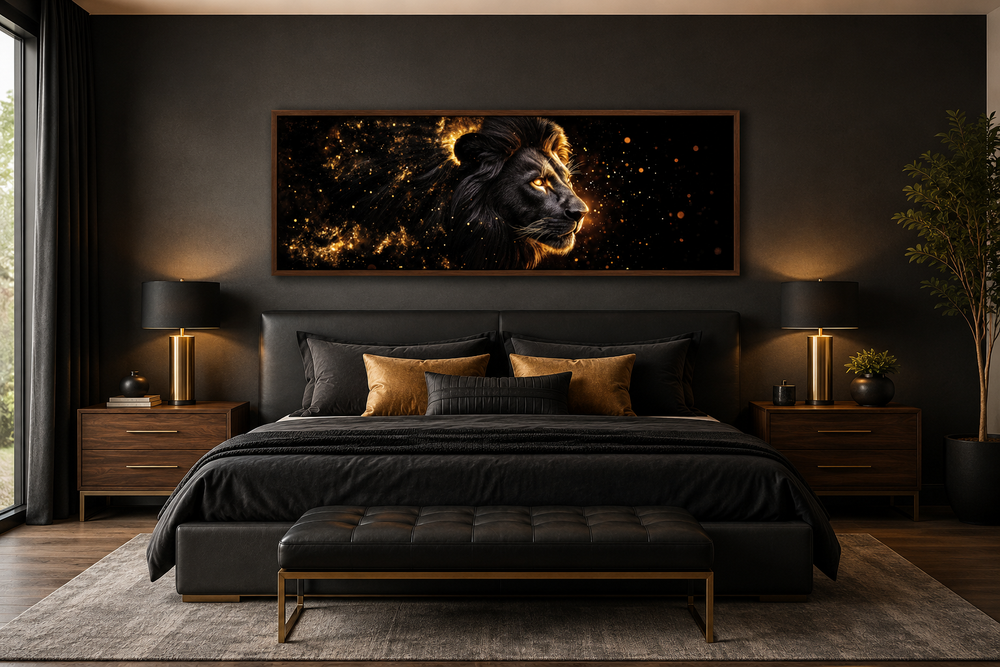 Long horizontal canvas art of a black lion with a glowing gold mane above a bed in a dark bedroom.