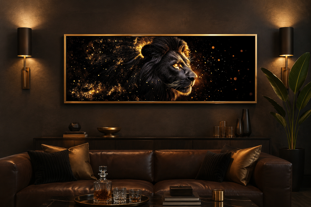 Horizontal black and gold lion canvas art above a leather sofa in a modern, dark-toned room.