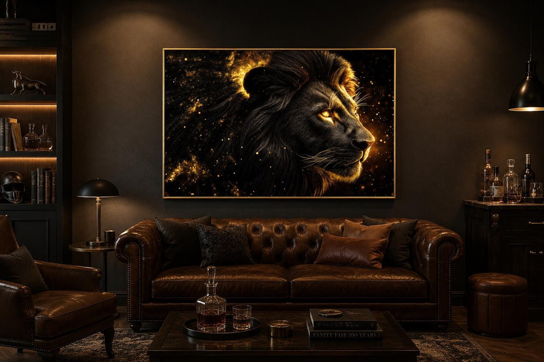 Black and gold lion profile canvas wall art with a cosmic starry background in a dark living room.