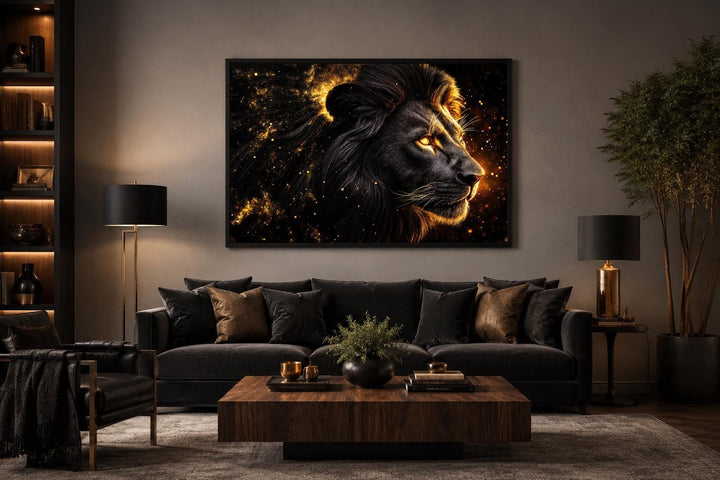 Black and gold lion profile canvas wall art with a cosmic background in a modern living room.