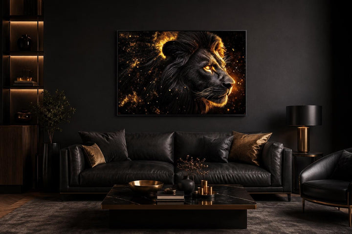 Black and gold lion profile canvas wall art with a cosmic background in a modern living room.